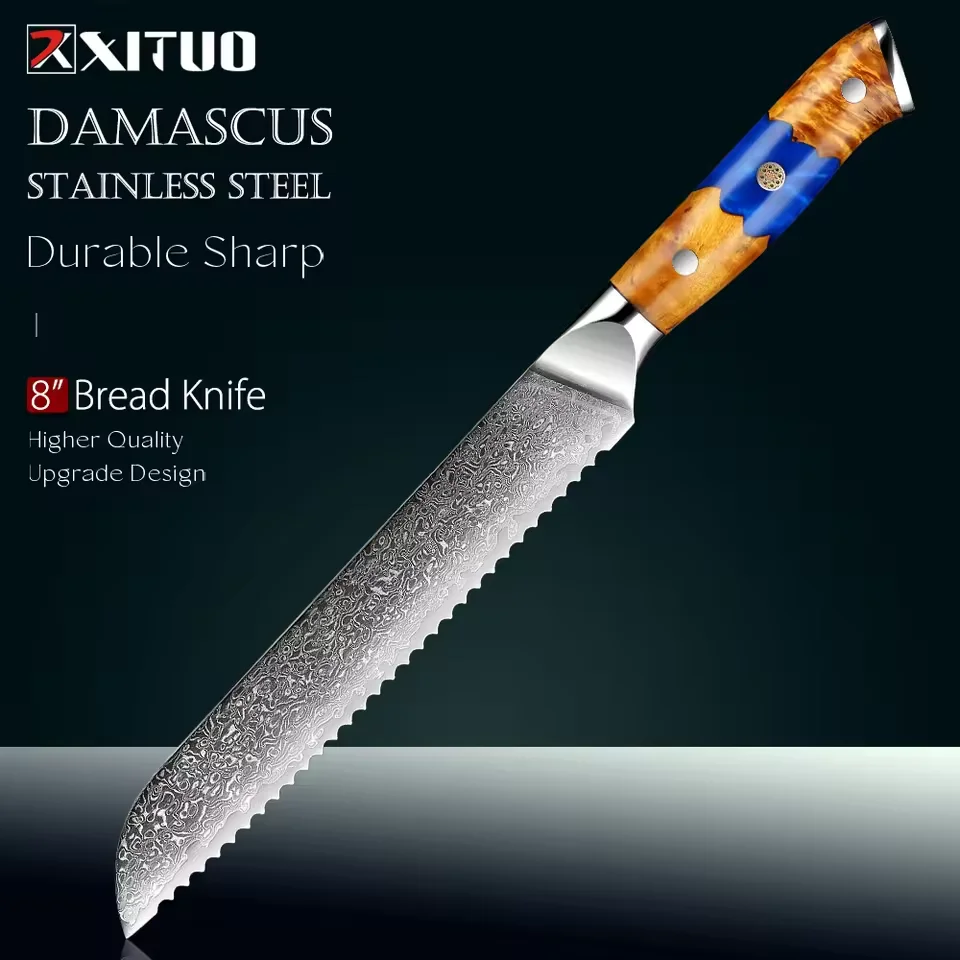 

Bread Knife 8 Inch,Blue Resin Wood Handle, Multifunctional Serrated Knife,Damascus Steel Sharp Slicing for Sourdough,Cake,Toast