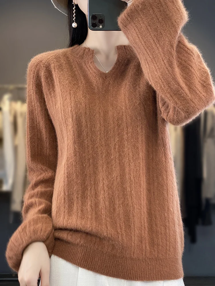 100% Mink Cashmere Sweater Women's V-Neck Pullover Autumn Winter Knitwear Basic Loose Puff Sleeve Fashion Casual Clothing Tops