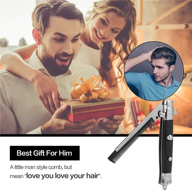 FLYY-2X Edelstahl Haar- und Bartkamm, faltbar, Haarstyling-Werkzeug, Kombi-Taschenkamm mit langem, rundem Griff – Detail 2