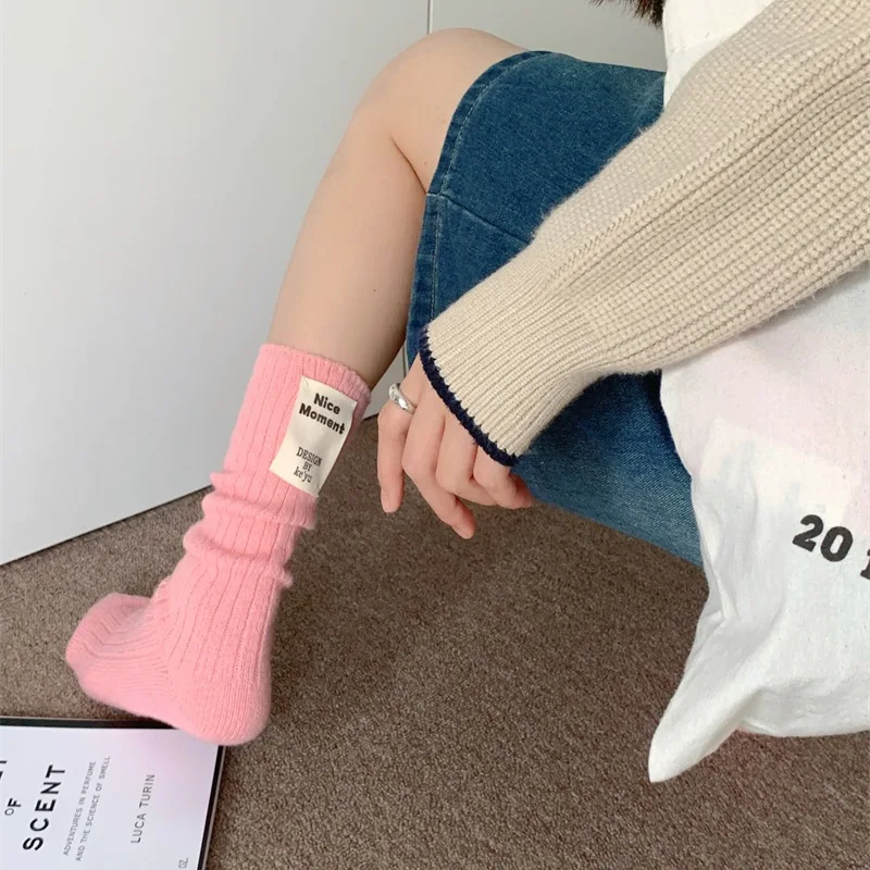 Korean Women Thickened Cashmere  SocksWarm Korean Label Letter Middle Tube Pile Up Sports Socks Girls Accessory New Year Gifts