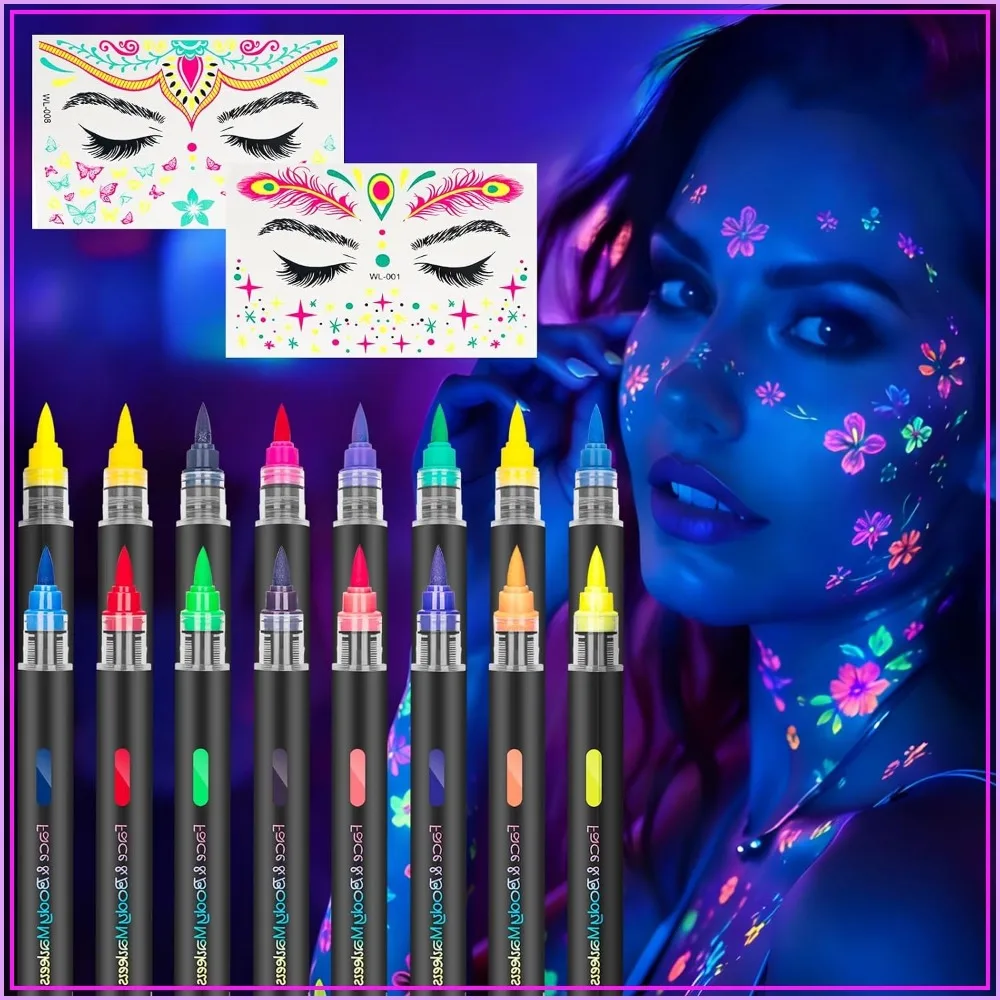 

Glow in The Dark Face Paint Markers 16 Colors Neon Body Paint Pens with Stickers for Halloween Festival