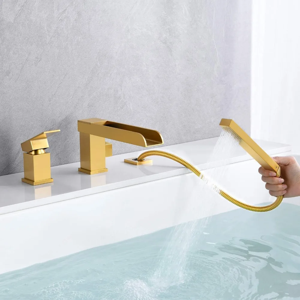 Roman Tub Faucets Deck Mount Brushed Gold Bathtub Faucets Brass Tub Filler Bathroom Faucets with Hand Shower