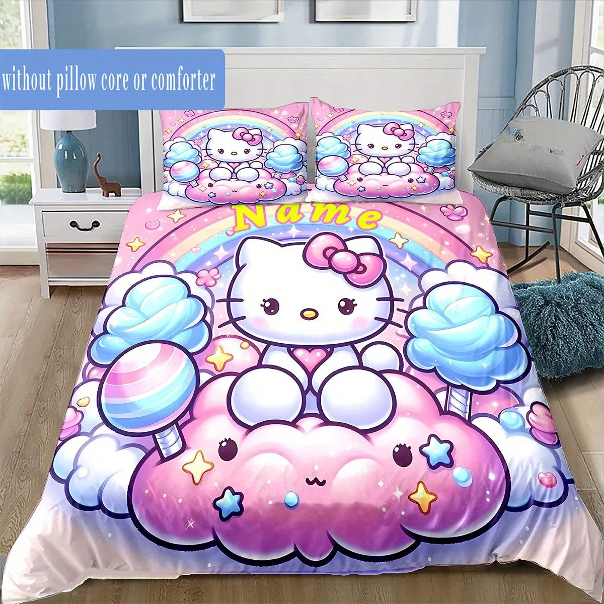 

[Customization] Name Rainbow Hello Kitty Pattern Print Bedding Set Room Decoration (1*Duvet Cover+2*Pillowcase, Without Core)