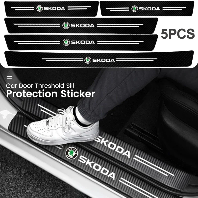 5Pcs Carbon Fiber Car Threshold Scratch Protection Sticker For Skoda Fabia Superb Yeti Octavia Enyaq Kodiaq Kamiq Karoq Derivati