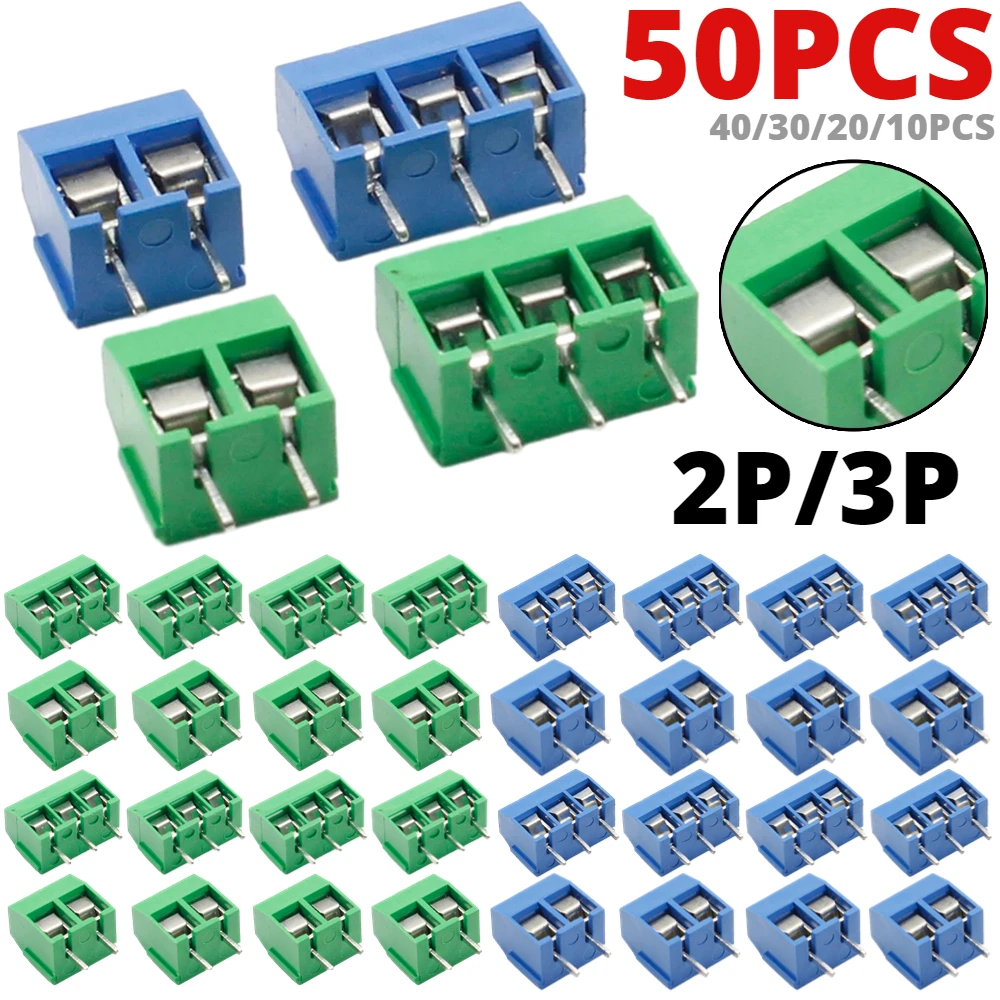 50PCS PCB Terminal Block Connector Pitch 5.0mm KF301 Straight Pin 2P 3P Screw PCB Terminal Blocks Connector Assortment Kit