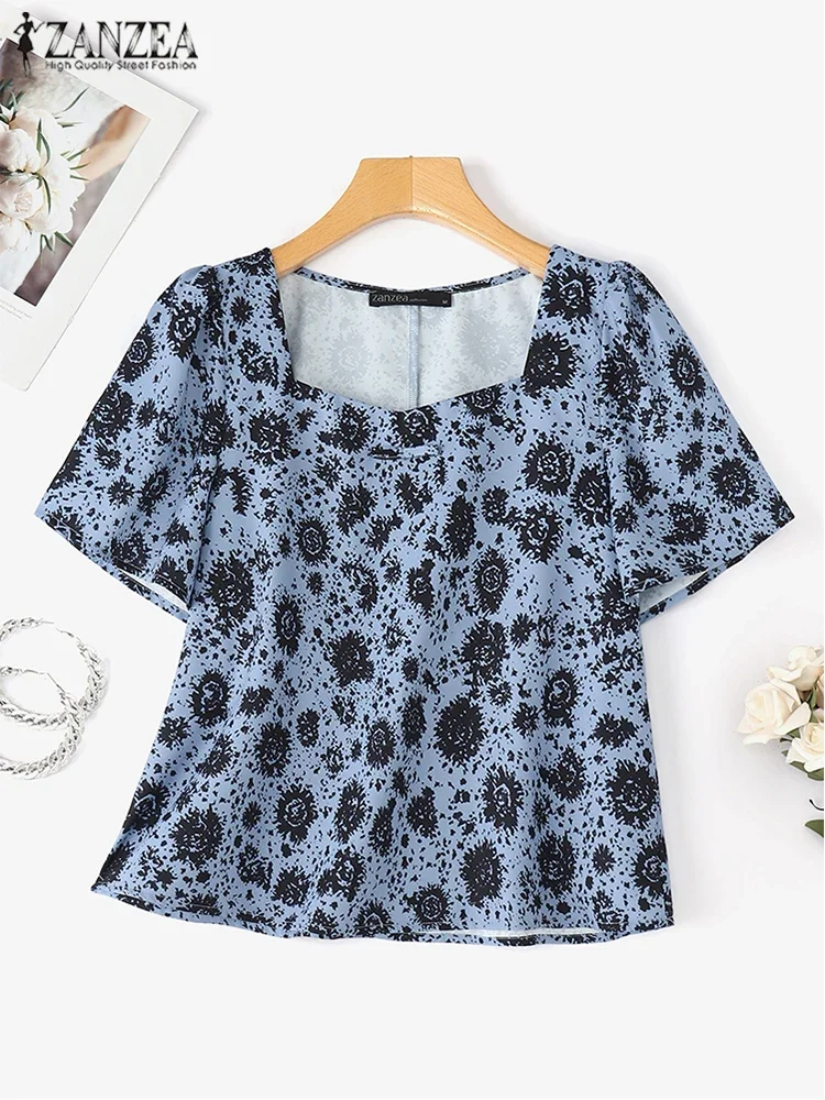 

ZANZEA Women Fashion Tops 2025 Summer Short Sleeve Square Collar Casual Blouse Print Tops Vintage Blusas Puff Sleeve Tunic Shirt