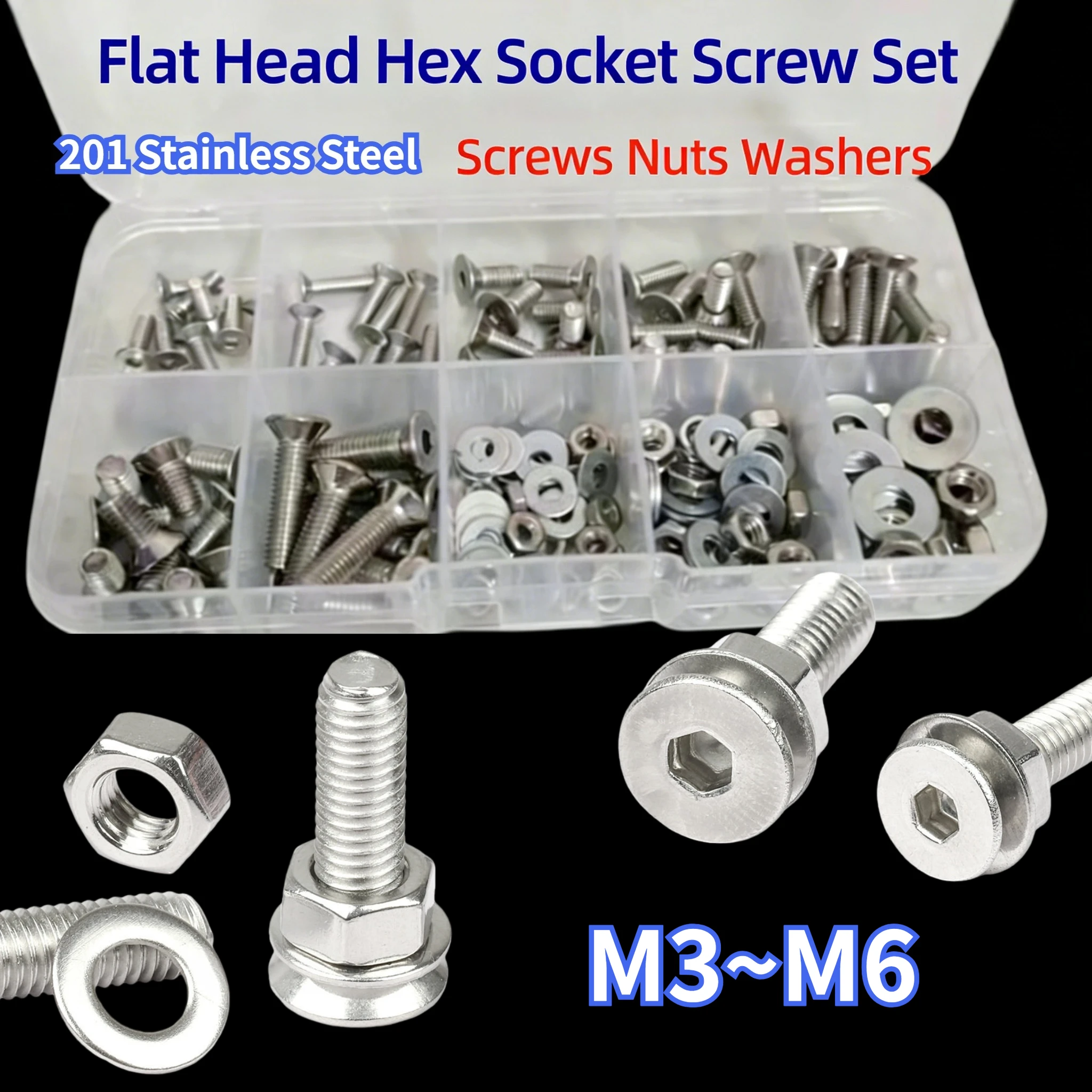 M3 M4 M5 M6 201 Stainless Steel Allen Key Head Screw Flat Countersunk head Screws Bolt Nut Washer Set Kit Box