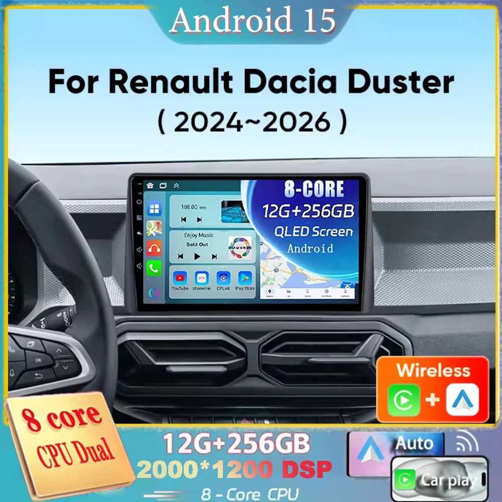 

For Renault Dacia Duster 2024 2025 2026 Android 15 Navigation Car Radio Multimedia Player Stereo Carplay Auto 2K QLED GPS 4G