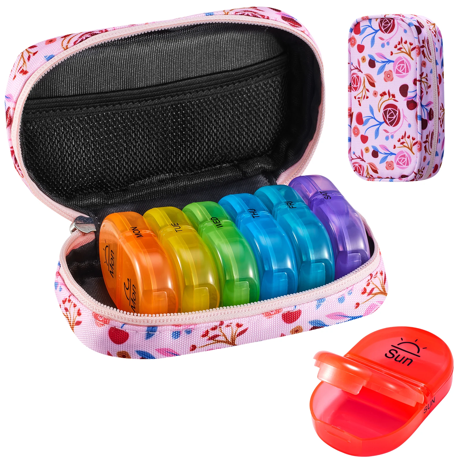 

7 Day Pill Organizer Travel Case - Rainbow Canvas w/ Zip Pouch | Portable for Pills Vitamins Weekly