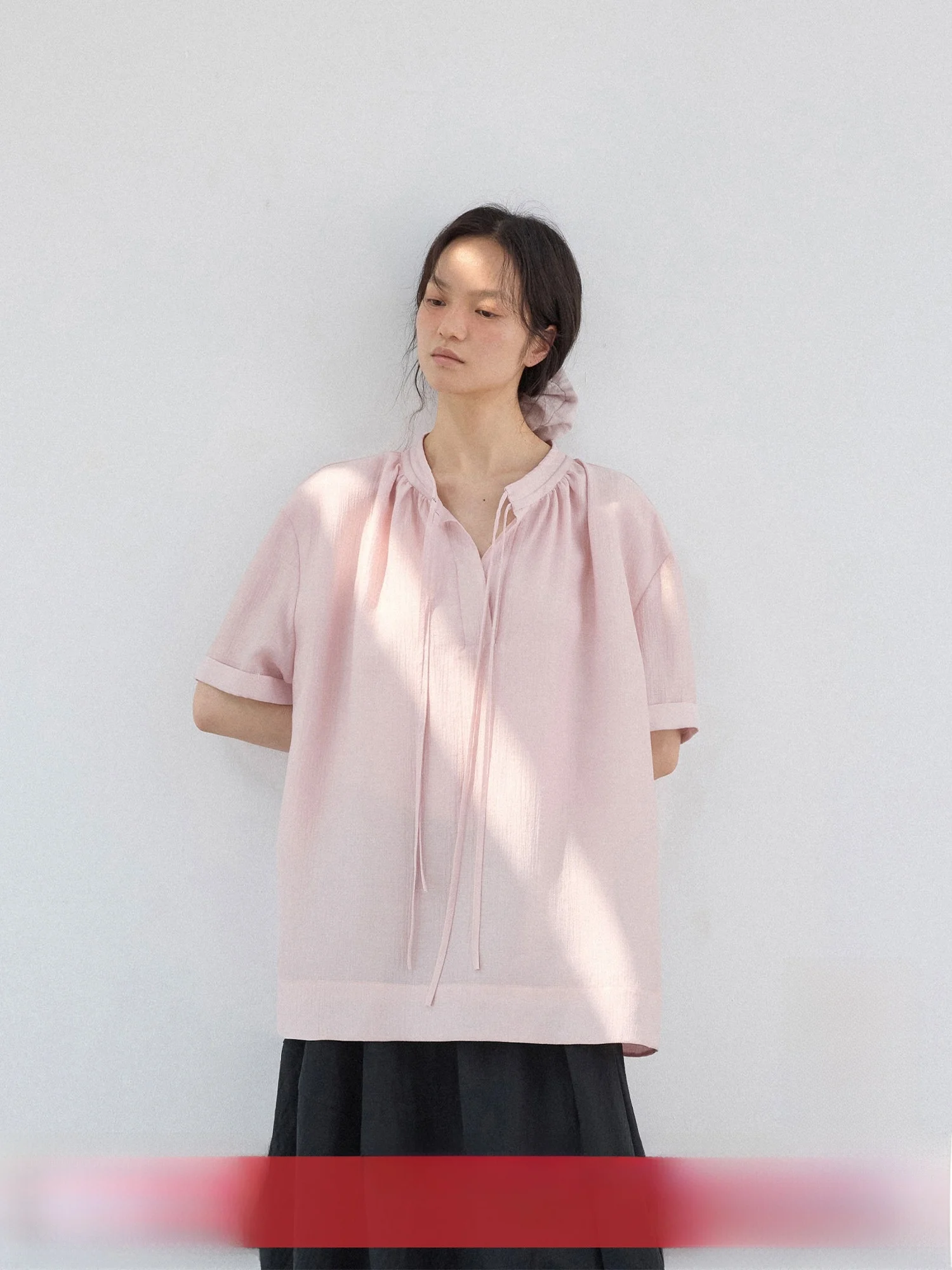 

Sonders Silk Blend irt with Pleated Tie Waist Simple Sle Loose Fit Women's Top Polyester Viscose Blend Summer Thin ort ...