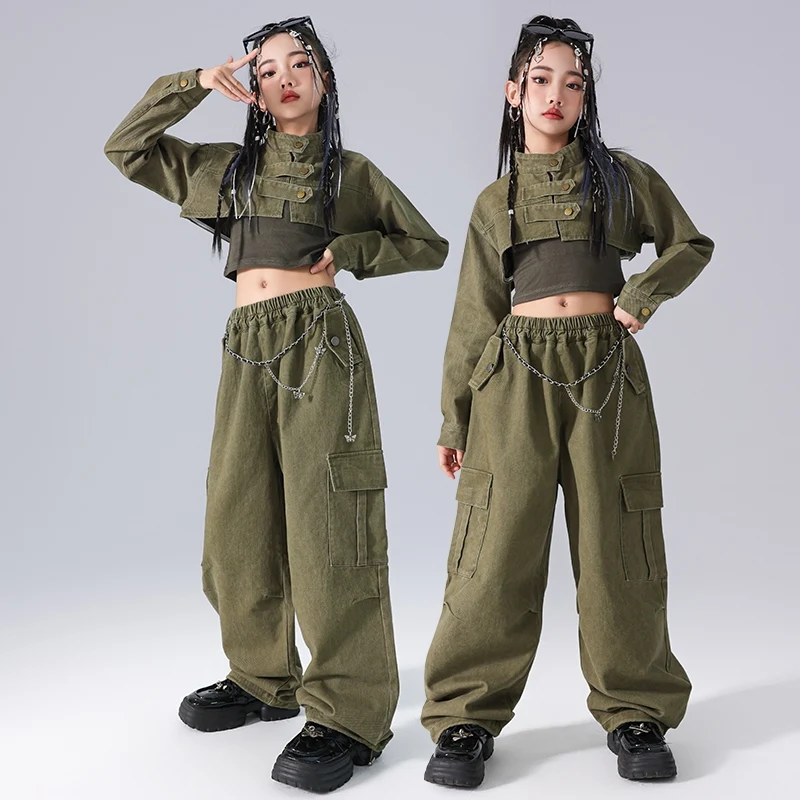 Trajes de baile moderno de Jazz para niñas, Tops cortos verdes, pantalones sueltos, ropa de calle, ropa de actuación en escenario de Hip Hop, DQS17736, novedad de 2024