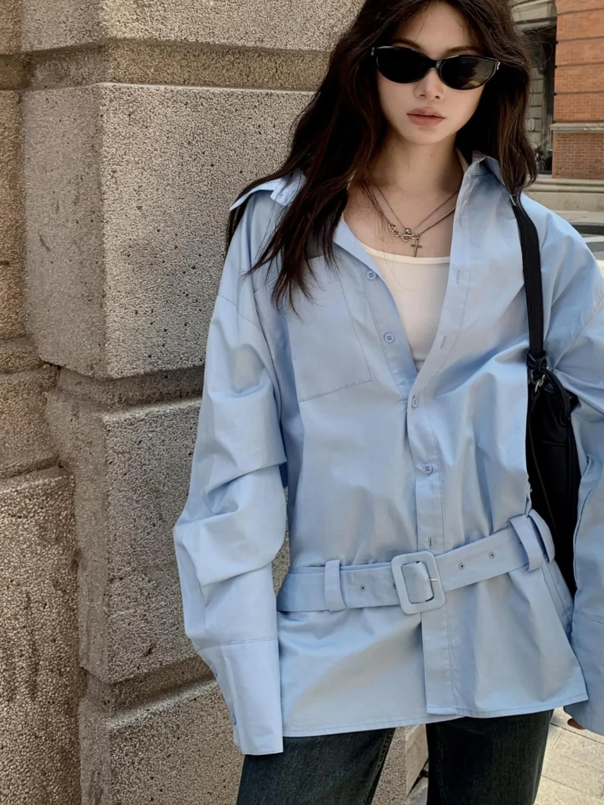 

Повседневная рубашка с длинным рукавом и синим поясом, модная, для ранней осени, новая модель, корейская версия, из полиэфирного волокна