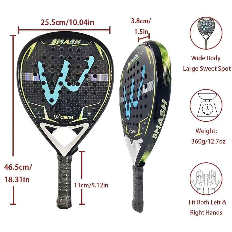 CWIN 12K Carbonfaser-Padel-Schläger 360g Blau Dicker Rahmen Paddel-Schläger mit Schutztasche für Training & Wettkampf – Detail 2