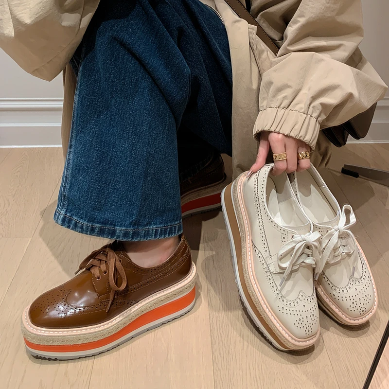 

Туфли-оксфорды из натуральной кожи ручной работы в британском стиле, женские туфли-лодочки на платформе и танкетке, повседневная обувь с перекрестной завязкой, Zapatos