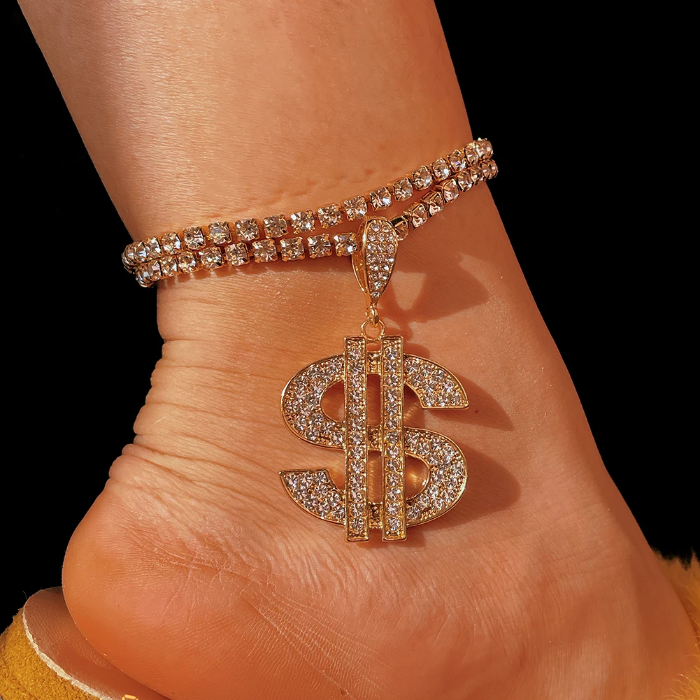 INS Fashion Dollar Sign Anklet Rhinestone Tennis Chain Foot Chain Jewelry for Women Summer Beach Anklet Crystal Barefoot Chain