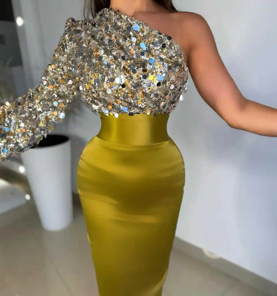 حجر الراين حورية البحر فستان الحفلة الراقصة الفتيات السود الترتر كتف واحد حفلة عيد ميلاد فساتين السهرة مخصصة الجلباب دي