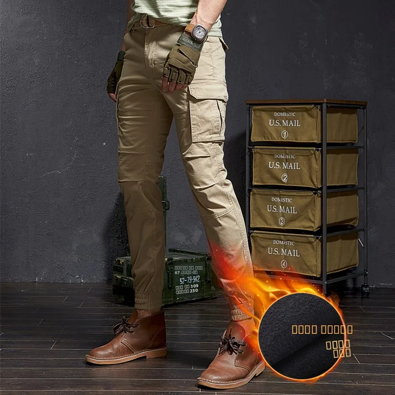 

Мужские зимние рабочие брюки на флисовой подкладке, молодежные спортивные брюки-карго, хлопковые длинные брюки с карманами, цвет хаки