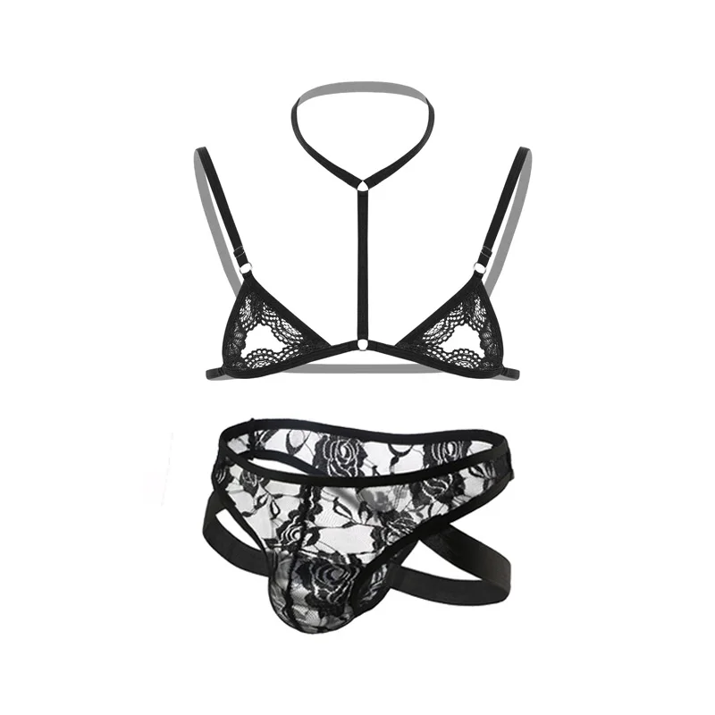 Men's Sexy  Underwea Set Mini Lace Transparent Bra Briefs Sex Lingerie Sissy Fetish Bikini Exotic Men Seat Belt BDSM