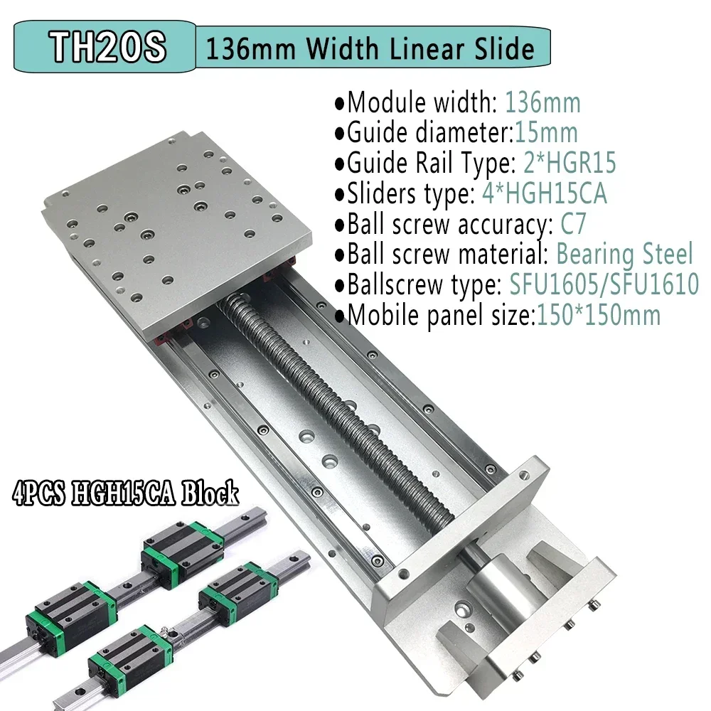 Heavy Load 200kg CNC Dust Cover Sliding Table Aluminium Linear Rail Guide 40-940mm Effective Stroke HGR15 SFU1605/1610 Ballscrew