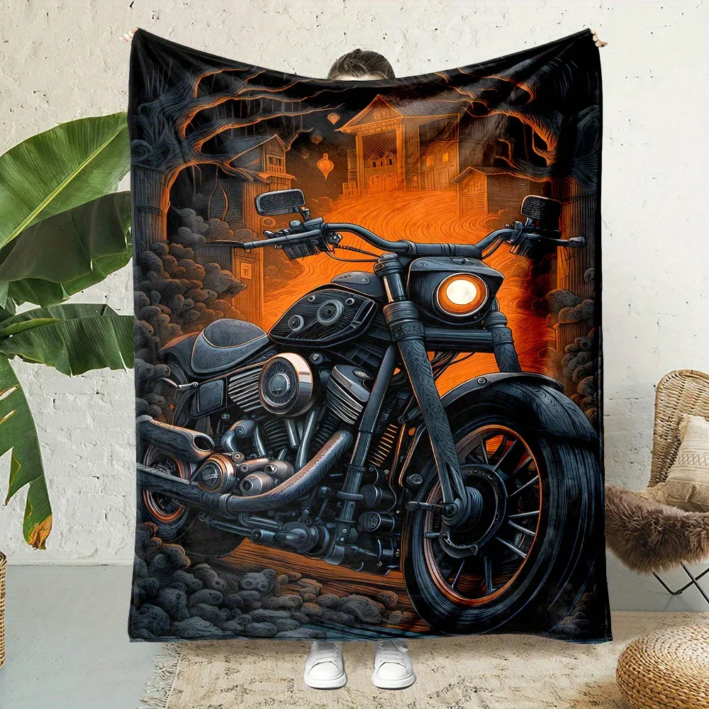 Large Motorcycle Biker Throw Blanket Art Fleece Bed Cover 150x200cm Neo Noir Punk Style Rocker Gift Decor