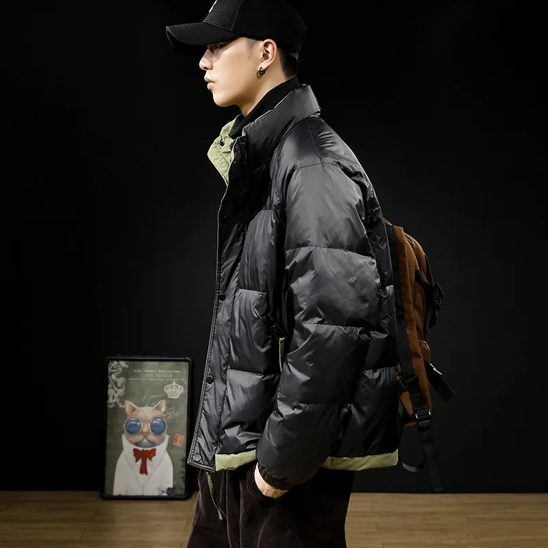 2025 الشتاء الرجال أسفل سترة رشاقته الدافئة التباين اللون الوقوف طوق الذكور ملابس خارجية سحاب أكمام طويلة فضفاضة معطف رجل غير رسمي #2