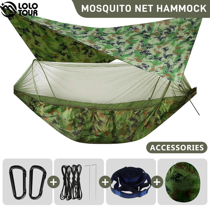 Camping Hammock with Mosquito Net and Rain Fly Portable Double Hammock with Bug Net and Tent Tarp Tree Straps for Travel Camping