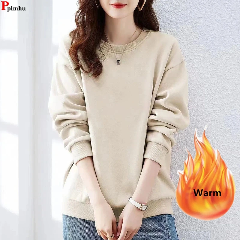 

Winter Fall Basics Sweatshirt Loose Solid Color O-neck Sudaderas Add Velvet Woman Long Sleeve Top Casual Warm Thick Pullovers