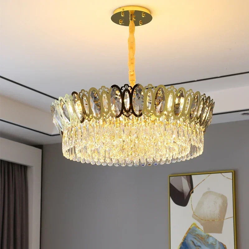 

GHJUYIOL Modern Crystal Round Golden Crown Ceiling Chandelier Hanging Light For Home Living Room Dinning Room Lampen Suspension