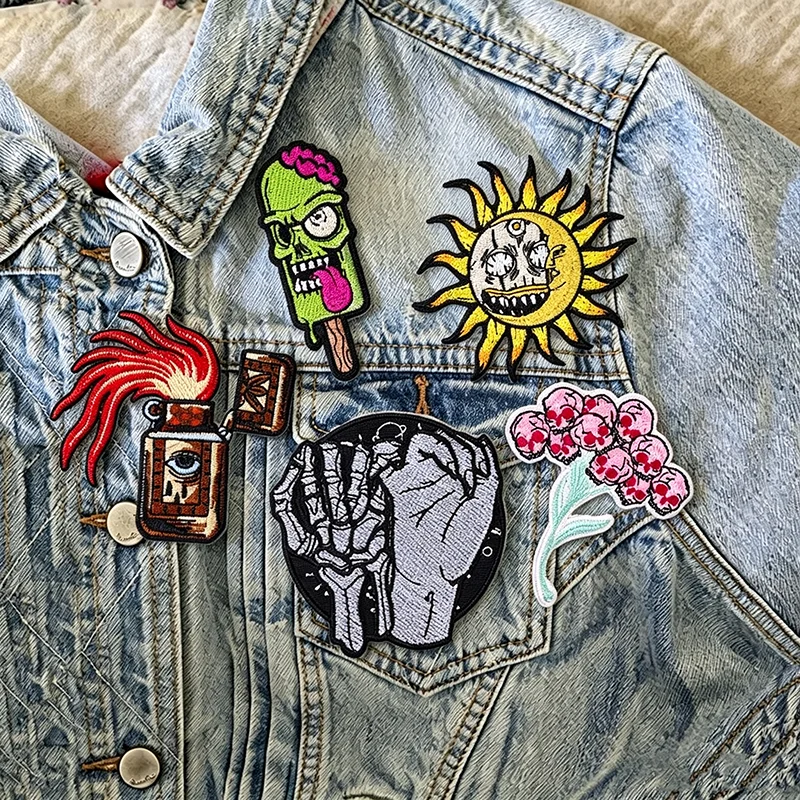 5 pcs Horror Zombie Iron On Patches,Creepy Sun Skeleton Hands Lighter Embroidered Patches On Clothes,Punk Weird Horror Patch Set