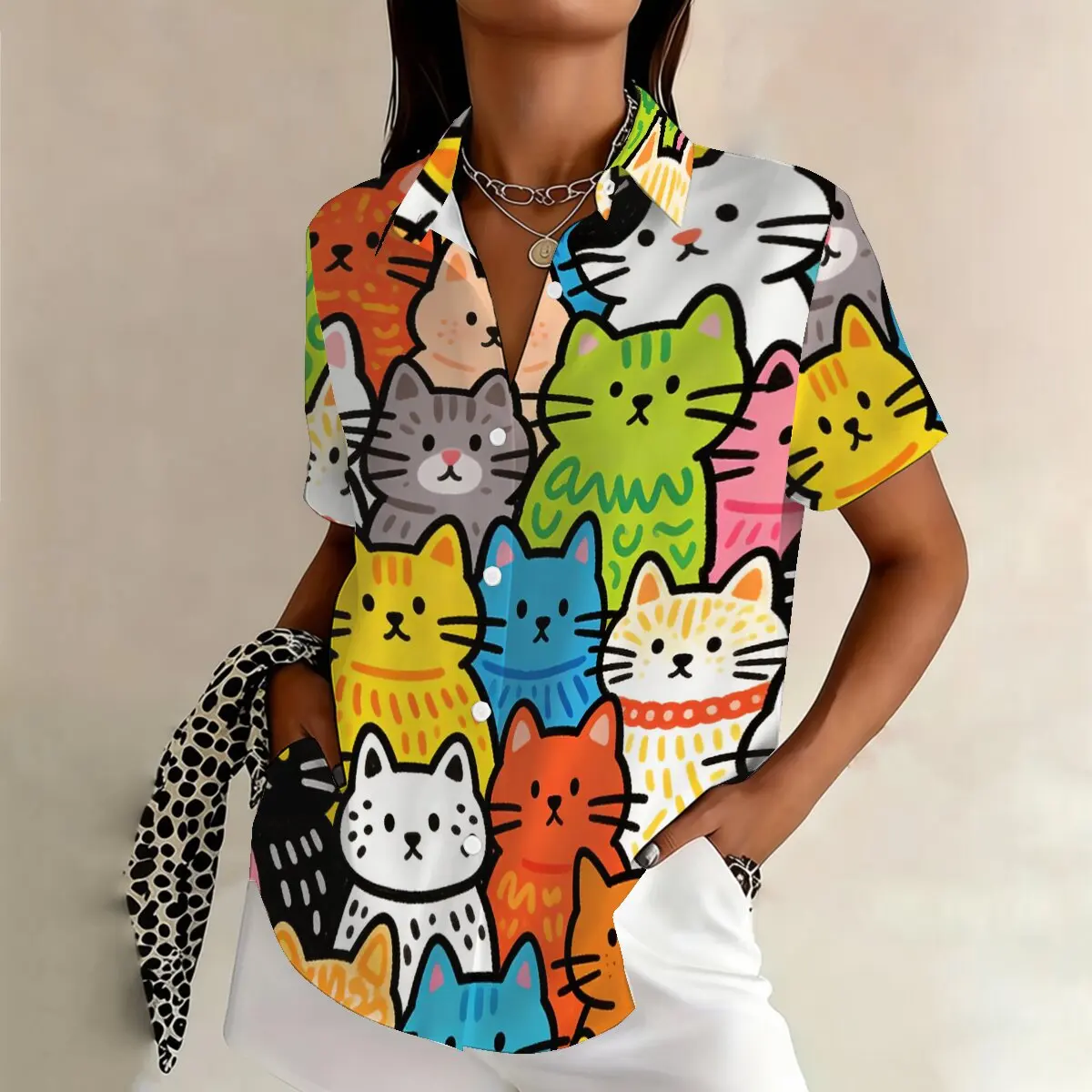 

Women's Plus Size Summer Short-sleeve Shirt with Cute Graffiti Cat Print, Lively & Age-reducing, Eye-catching & Individual Lazy