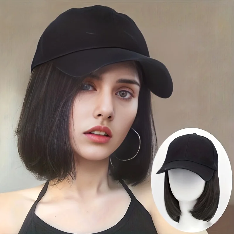 Synthetic Bob Hat Wig Women\'s Black Cap Sun Hat Short Straight Hair Extension Daily Wear Heat-resistant Baseball Cap Adjustable