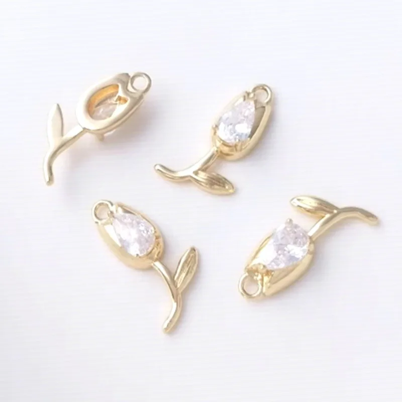 Brass 14K Gold Plated Sparkly Teardrop Zircon Tulip Bud Pendants 1pcs DIY Handmade Floral Accessories