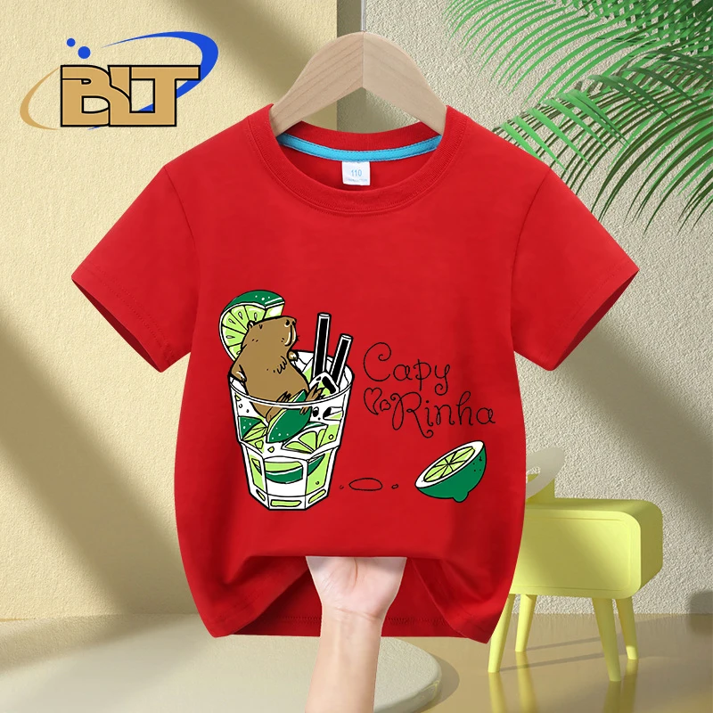 T-shirt à manches courtes en coton imprimé dessin animé pour enfants, Cabybara + Caipirinha = Capyrinha, médicaments décontractés pour garçons et filles, été