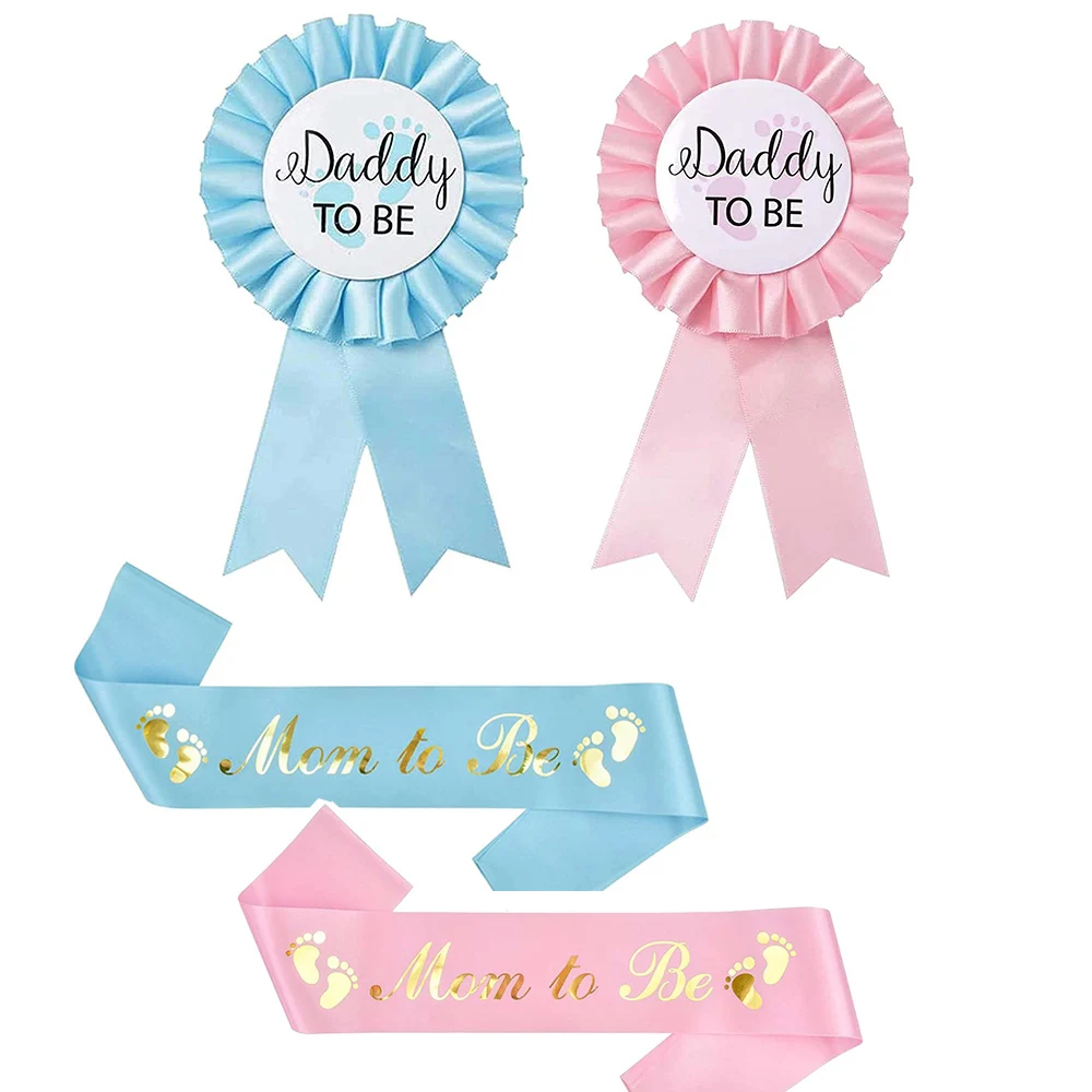 2 Packs Gender Reveal Baby Shower Decorations Pink Blue Mom To Be Sash and Dad Tinplate Badge For Baby Welcome Party Gifts