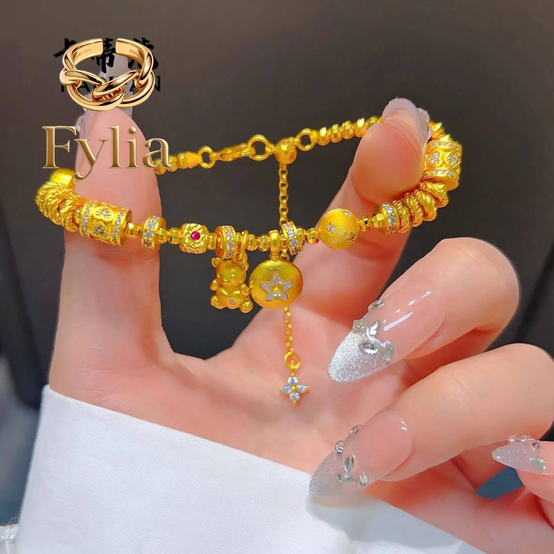 

Fylia Jewelry Luxury 9999 24K real dot diamond love little bear star beam fortune bead carpet women's ancient method trea
