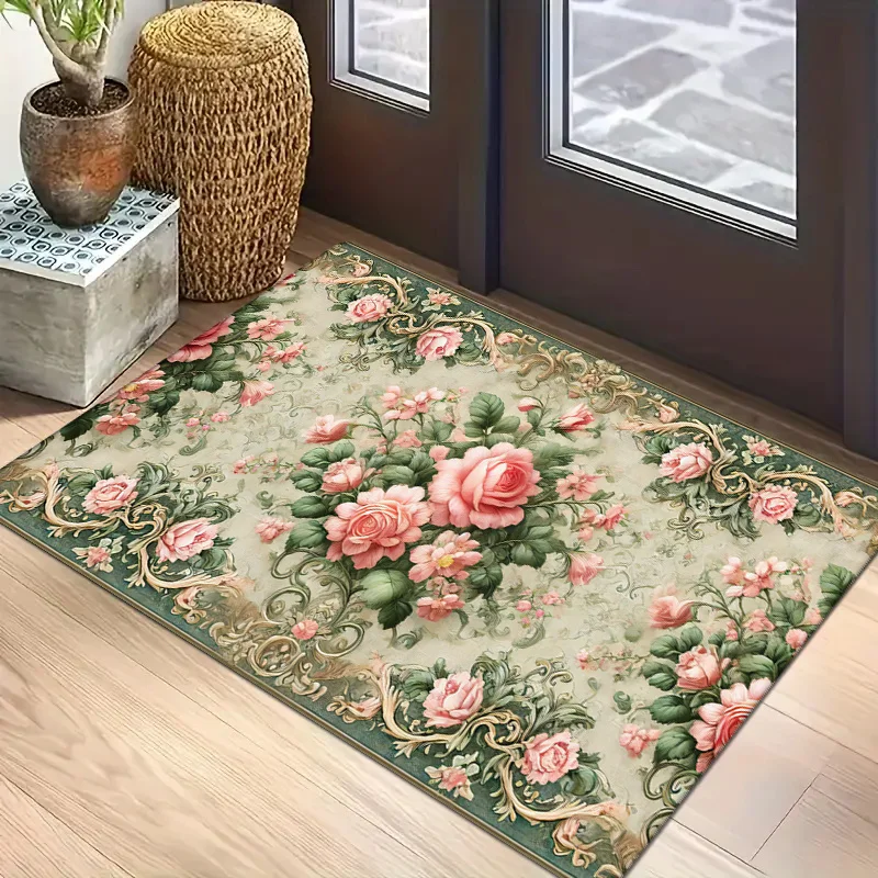 VIKAMA Flannel Christmas Doormat, Non-Slip Washable Vintage Floral Rug, Soft Thick Indoor Outdoor Holiday Decor Mat