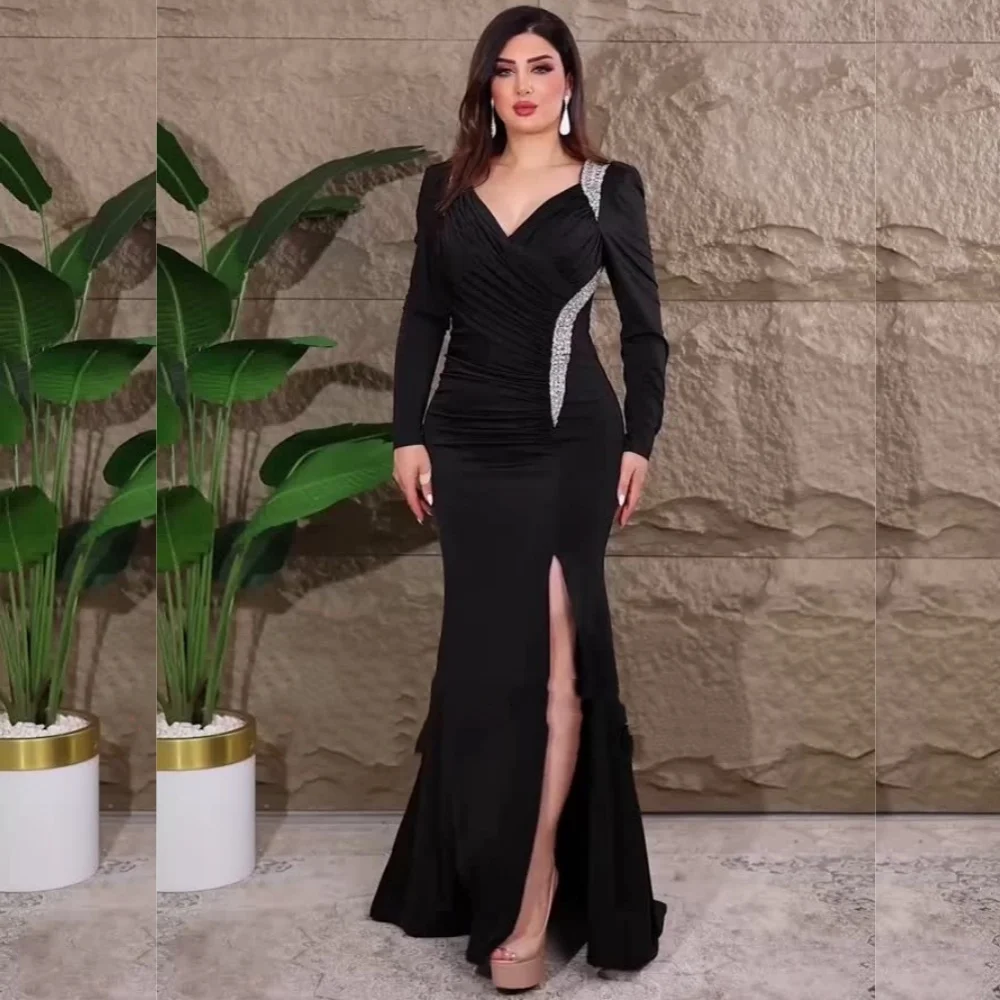 

Классические изысканные джерси с блестками, плиссированные длинные платья с v-образным вырезом по индивидуальному заказу, формальные платья на заказ