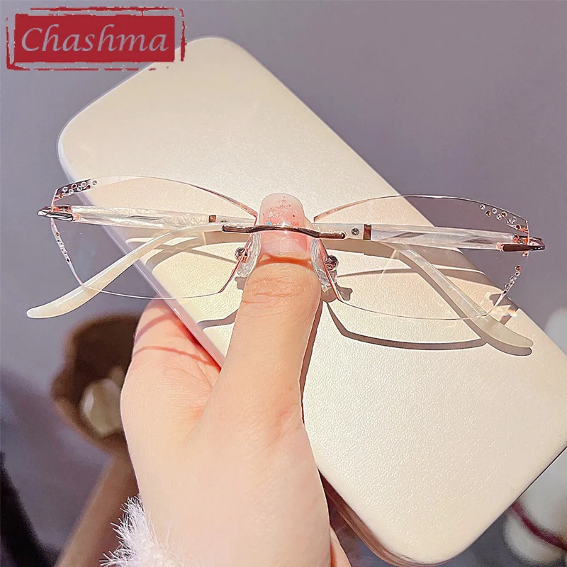 Chashma Rimless Light Frame Diamond Stones Trend Eyeglasses Titanium Lady Elegant Glasses Anti Reflective Spectacles for Women