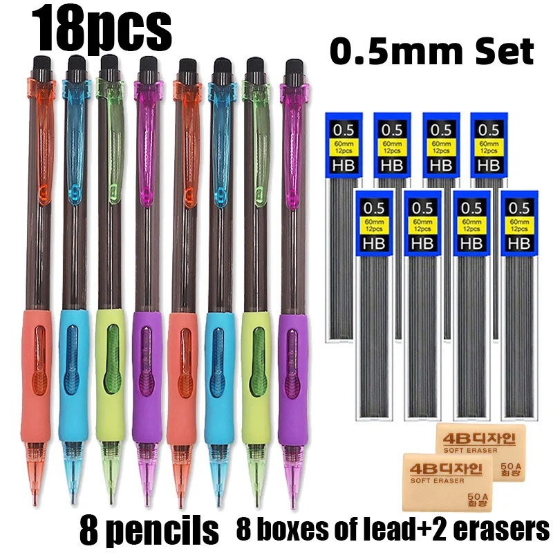 4 Stück/4 Box/18 Stück Set 0,5/0,7/0,9 mm seitliches automatisches Bleistift-Set, Aktivitäts-Druckbleistift, Schulschreib- und Zeichenzubehör – Detail 9