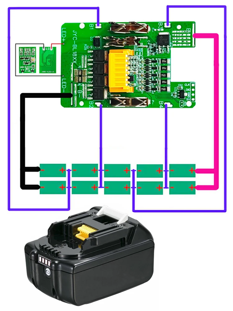 Obudowa baterii Li-ion BMS PCBA Płytka drukowana zabezpieczająca ładowanie i balansowanie Wyświetlacz mocy elektrycznej Klucz do Makita 18V BL1830B BL1860B — zdjęcie produktu 7