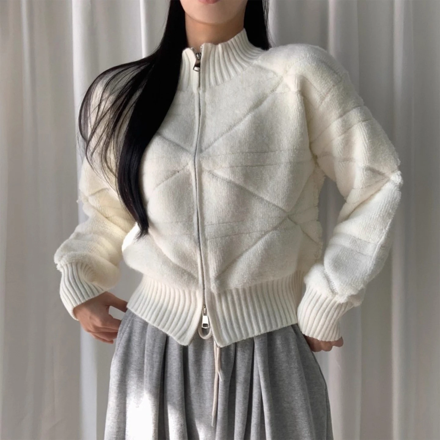 

Retro Diamond Collar Double Zipper Knitted Sweater Jaet Women's Autumn Winter New Soft Thiened Open Cardigan Top