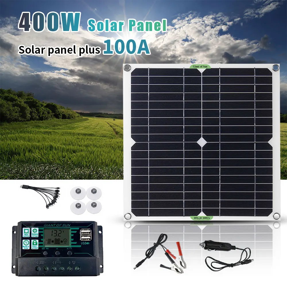 Portable 400W Solar Panel Kit 100A PWM Solar Controller Multi Output USB Type-C DC Alligator Clip Car Cigarette Plug for Camping RV Yacht Off-Grid Power