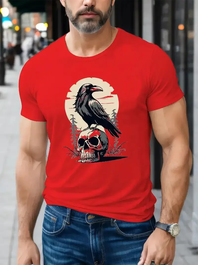 New Skull And Crow Pattern Print Mens Creative Top Casual Short Sleeve Crew Neck T shirt, Men\'s Clothing For Summer Outdoor