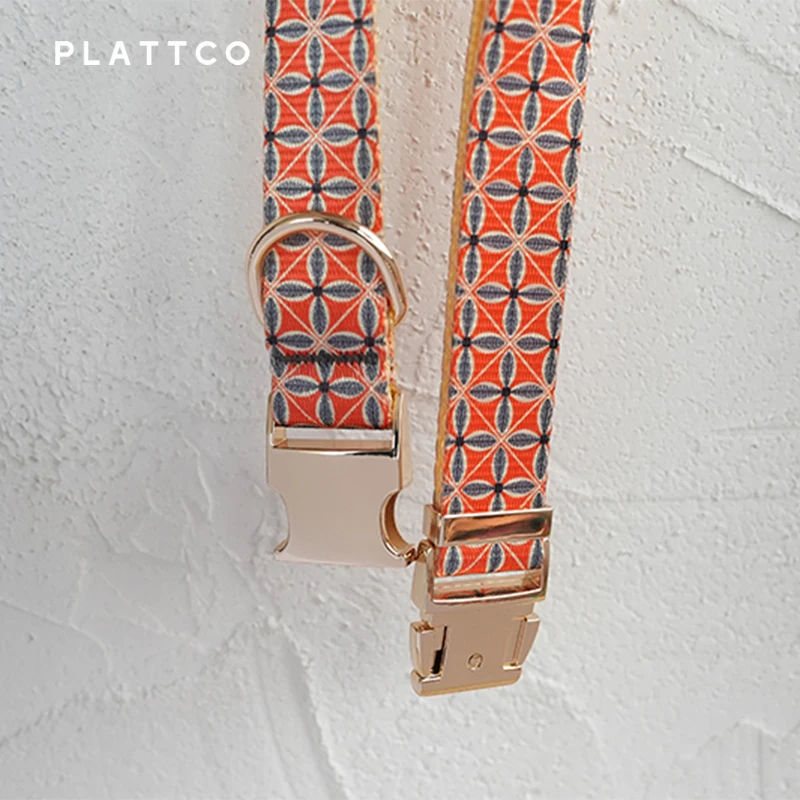 PLATTCO unique design dog collar print GOLDEN AUTUMN pattern with high quality light color zinc alloy buckle 5 size PDC304G