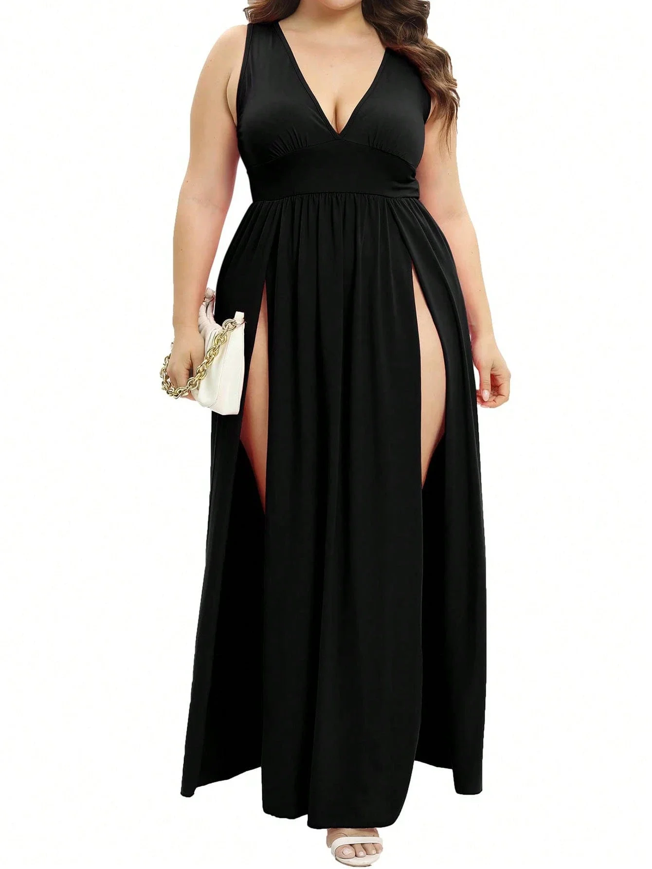 

Plus Size Women Solid Color V-Neck Sleeveless High Slit Swing Long Party Dress