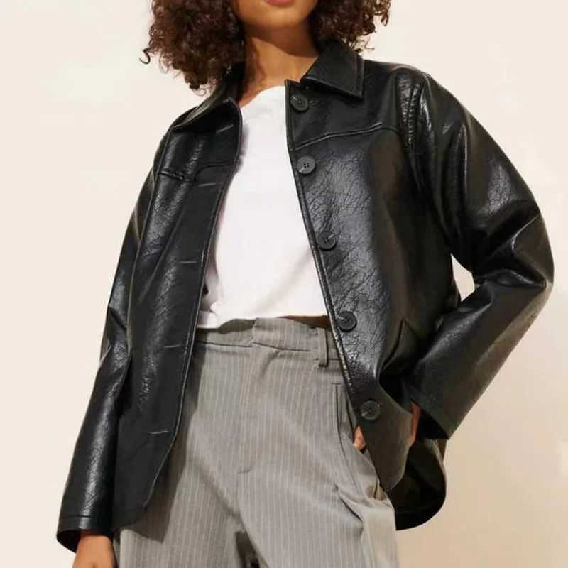 Women's Loose Slimming Retro Style Faux Leather Jacket Long Collar Single Button Mid-Length Coat Casual Fashion Outerwear