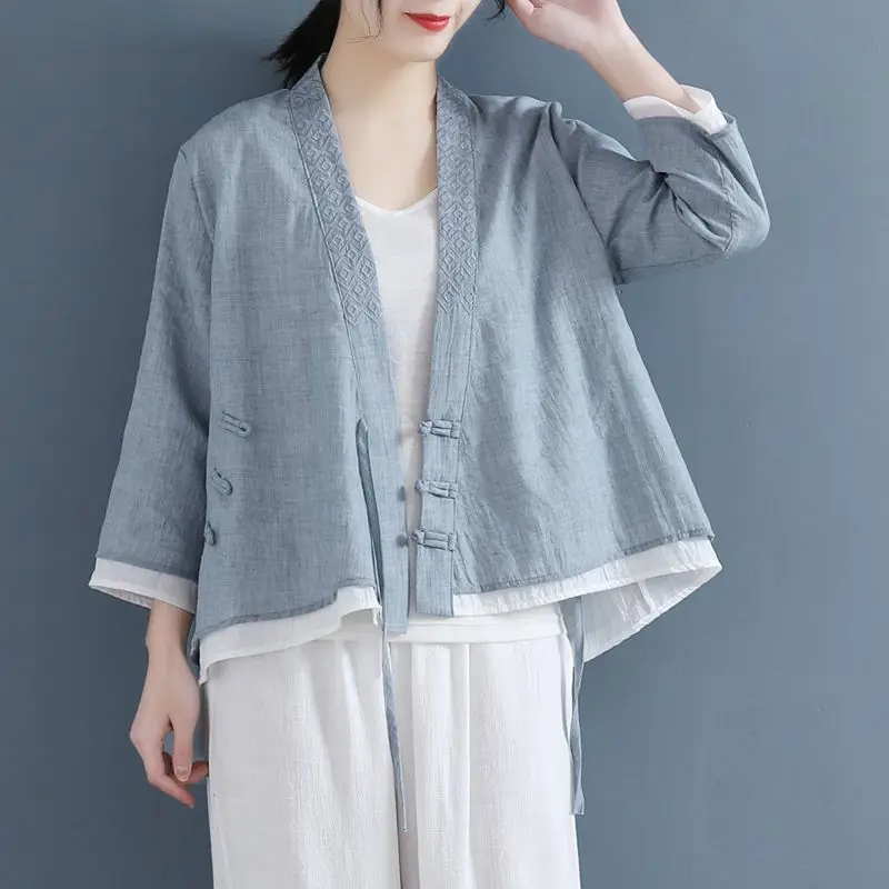 

Ethnic Style Tang Style Summer New Item Button Embroidered Shirt for Women Solid Color Patchwork Cardigan Top for Women