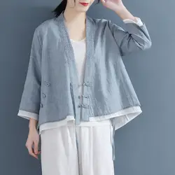 Ethnic Style Tang Style Summer New Item Button Embroidered Shirt for Women Solid Color Patchwork Cardigan Top for Women