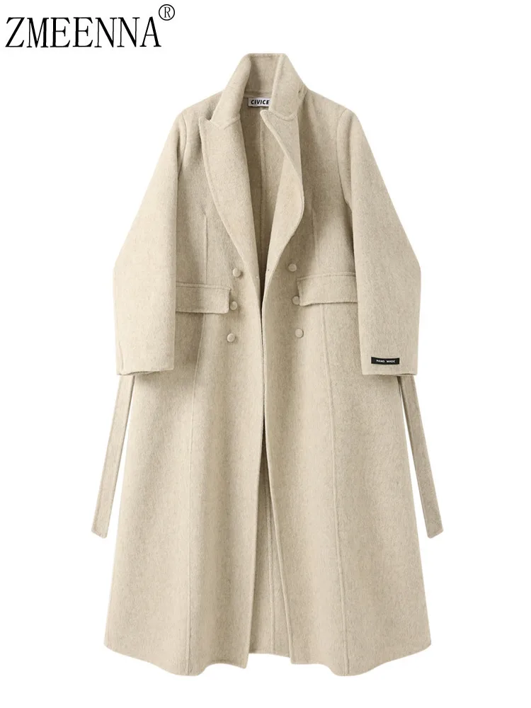 

ZMEENNA Womens Elegant Beige Wool Blend Long Overcoat Double Breasted Notched Lapel Tie Waist Winter Warm Jacket ZM4691