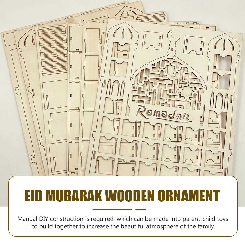 

Wooden Palace naments Home Adorn Decor Craft Eid Mubarak Festival nament Ramadan Hollow Patterns Festive Practical